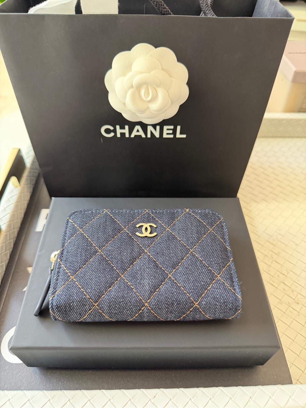 Chanel 26P Classic Zipped Zip Coin Purse Denim Dark Blue Orange mJean Wallet NWT - Picture 6 of 17